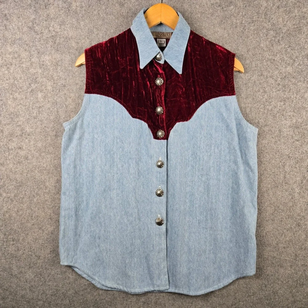Double D Ranch Wear Vest Womens L Blue Denim Red Velvet Western Concho Buttons